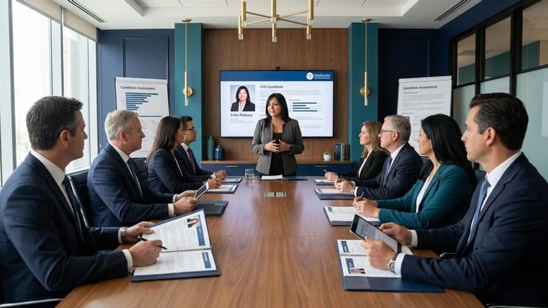 Board governance committee reviewing internal and external CEO succession candidate profiles