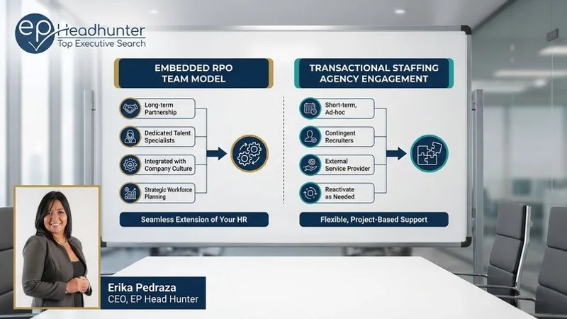 Comparison diagram showing embedded RPO team model versus transactional staffing agency engagement for talent acquisition