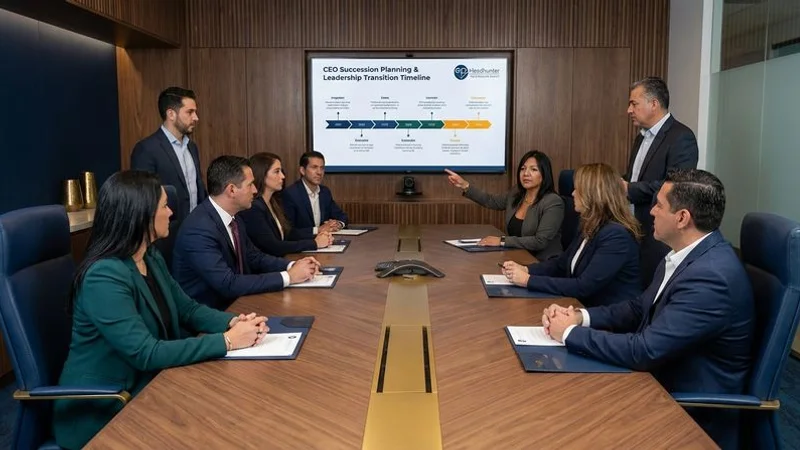 Board of directors in a strategic meeting discussing CEO succession planning and leadership transition