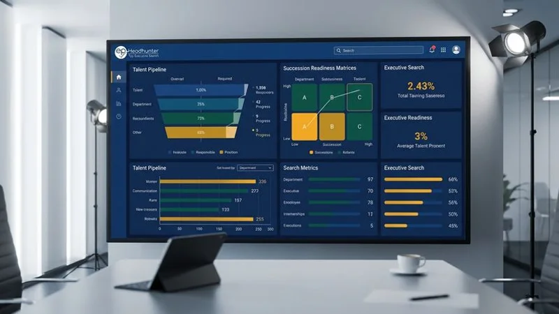 Data analytics dashboard showing executive talent pipeline metrics and leadership succession readiness across departments