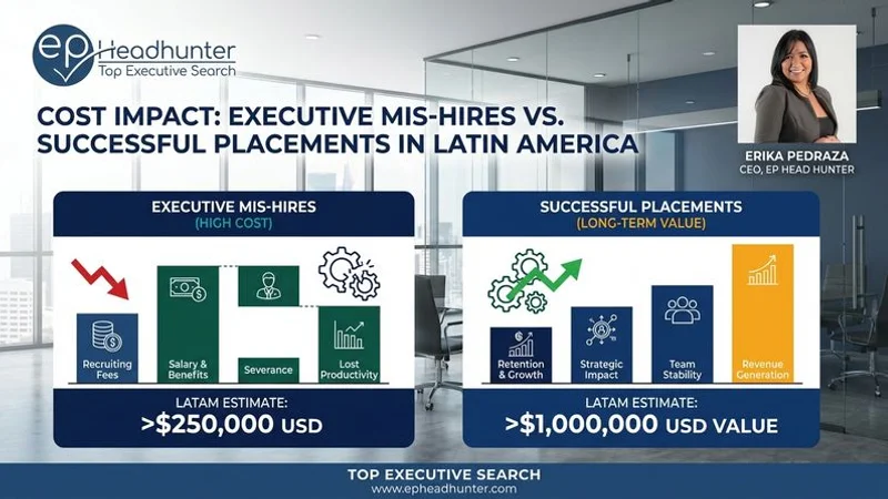 Data visualisation showing the cost impact of executive mis-hires versus successful placements across Latin American markets