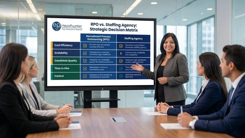 Decision matrix framework helping HR leaders choose between RPO and staffing agency based on hiring volume and strategy