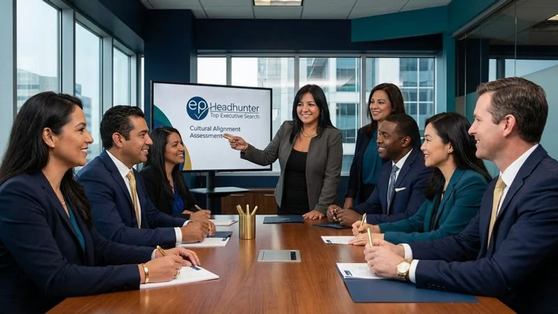 Diverse executive leadership team collaborating in a modern office, representing cultural alignment assessment