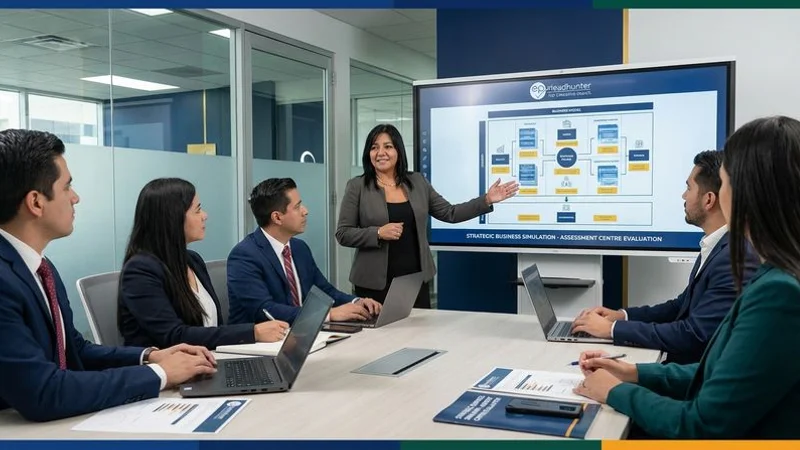 Executive candidate participating in a strategic business simulation during an assessment centre evaluation