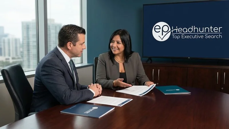 Executive search consultant conducting a confidential client briefing in a private boardroom