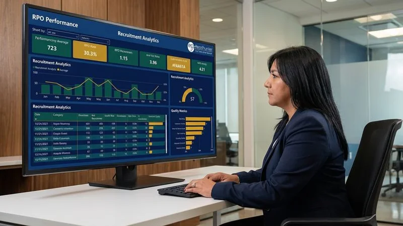 HR director reviewing RPO performance dashboard with recruitment analytics and quality metrics