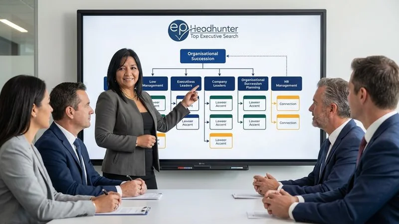 Organisational succession planning chart displayed on a digital whiteboard during a strategic planning session with senior HR leaders