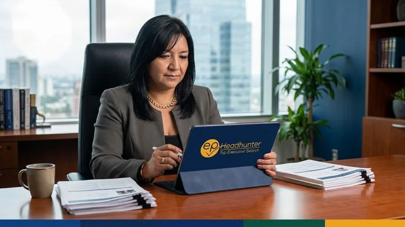 Professional headhunter reviewing executive candidate profiles and assessment reports on a tablet device in a corporate setting