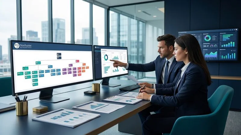 Research analysts reviewing executive talent landscape data and competitive intelligence reports with detailed organisational charts and talent flow diagrams