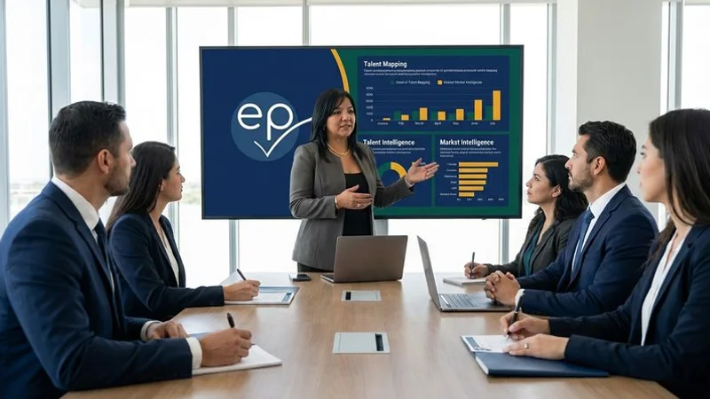 Strategic workforce planning session where consultants present talent mapping findings and market intelligence recommendations to corporate decision makers