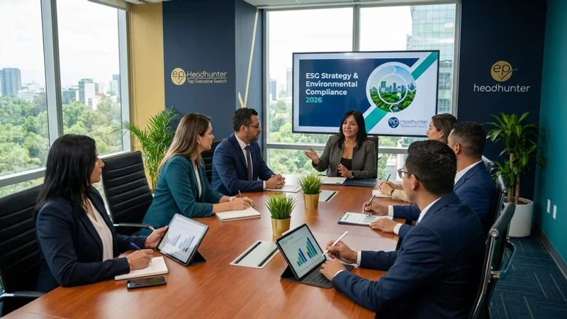 Sustainability-focused executive leadership meeting discussing ESG strategy and environmental compliance frameworks for 2026